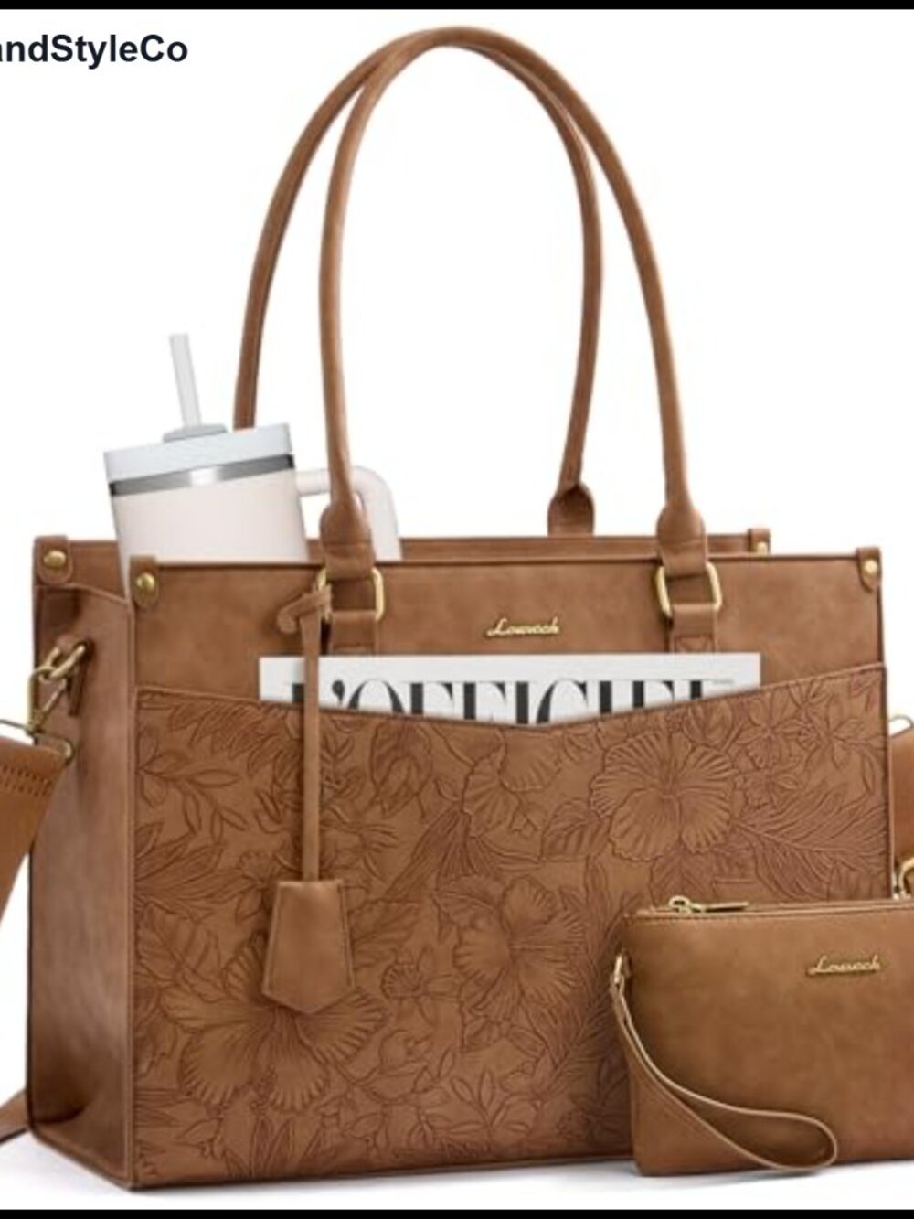 Faux Leather Laptop Tote Bag with Clutch Waterproof Messenger Shoulder Work